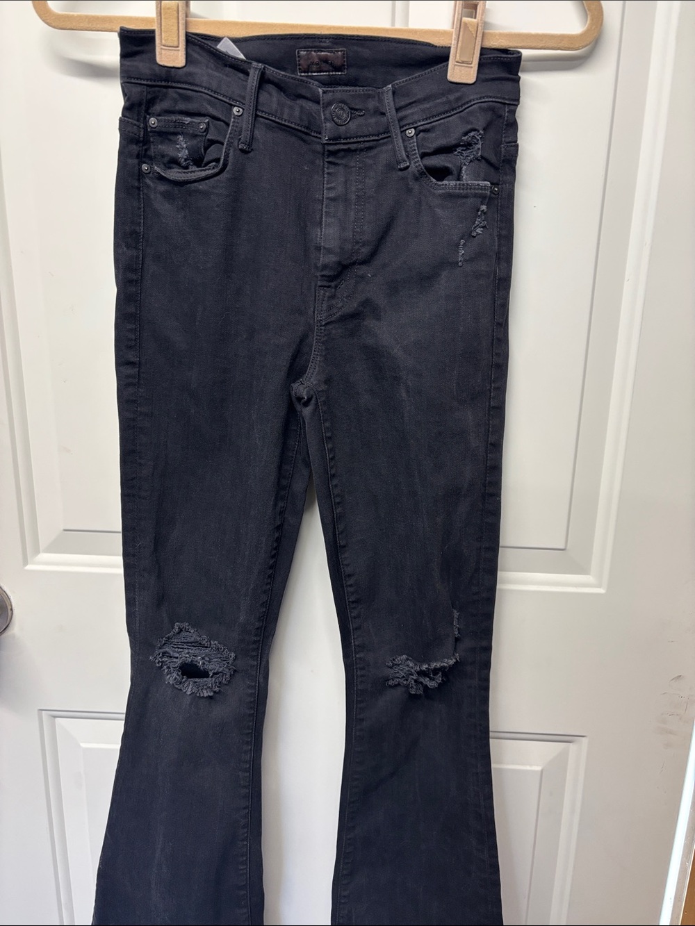 MOTHER The Weekender Fray Flared Jeans in Guilty As Sin Black Distressed - Picture 2 of 4